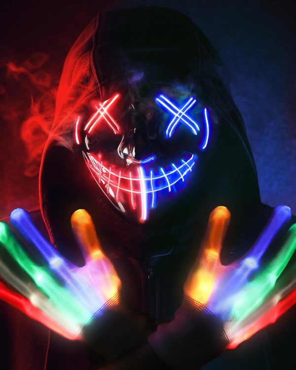 3 Modes Light Up Scary LED Mask with LED Glow Gloves Halloween Mask Skeleton